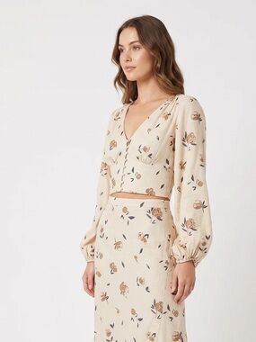saltwater LUXE Cream Floral Button-Front Two-Piece Set with Brown Blooms